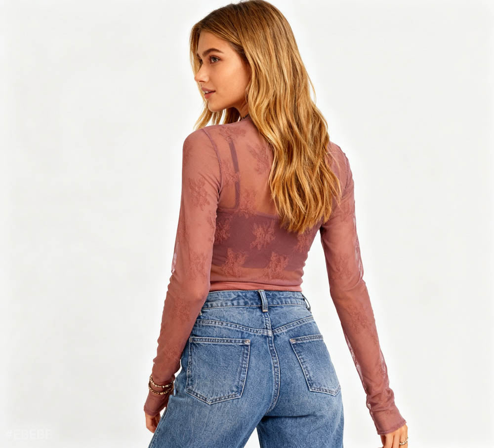 Women's Floral Lace Slim-Fit Top – Sheer Stretch Tee with Baby Overlock Edge Cherie Code