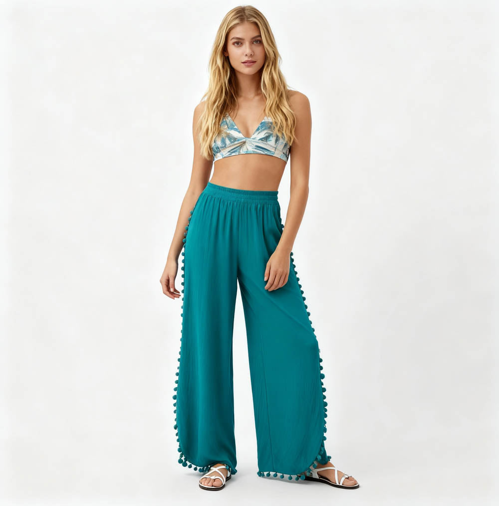 Cherie Code Women's Cotton Wide Leg Pants with Side Split and Pom Trim – Casual Fit