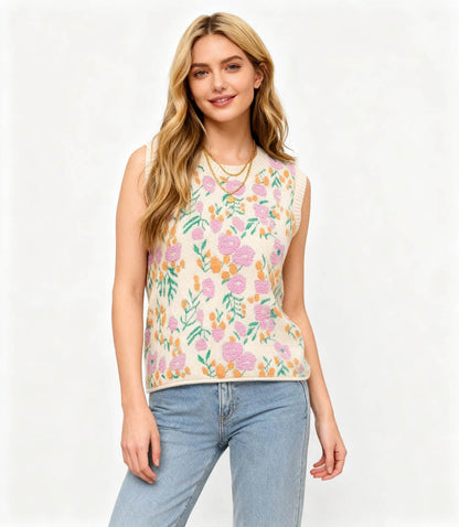 Woman Floral Knit Sleeveless Vest – 40% Acrylic Blend, Casual Fit Cherie Code