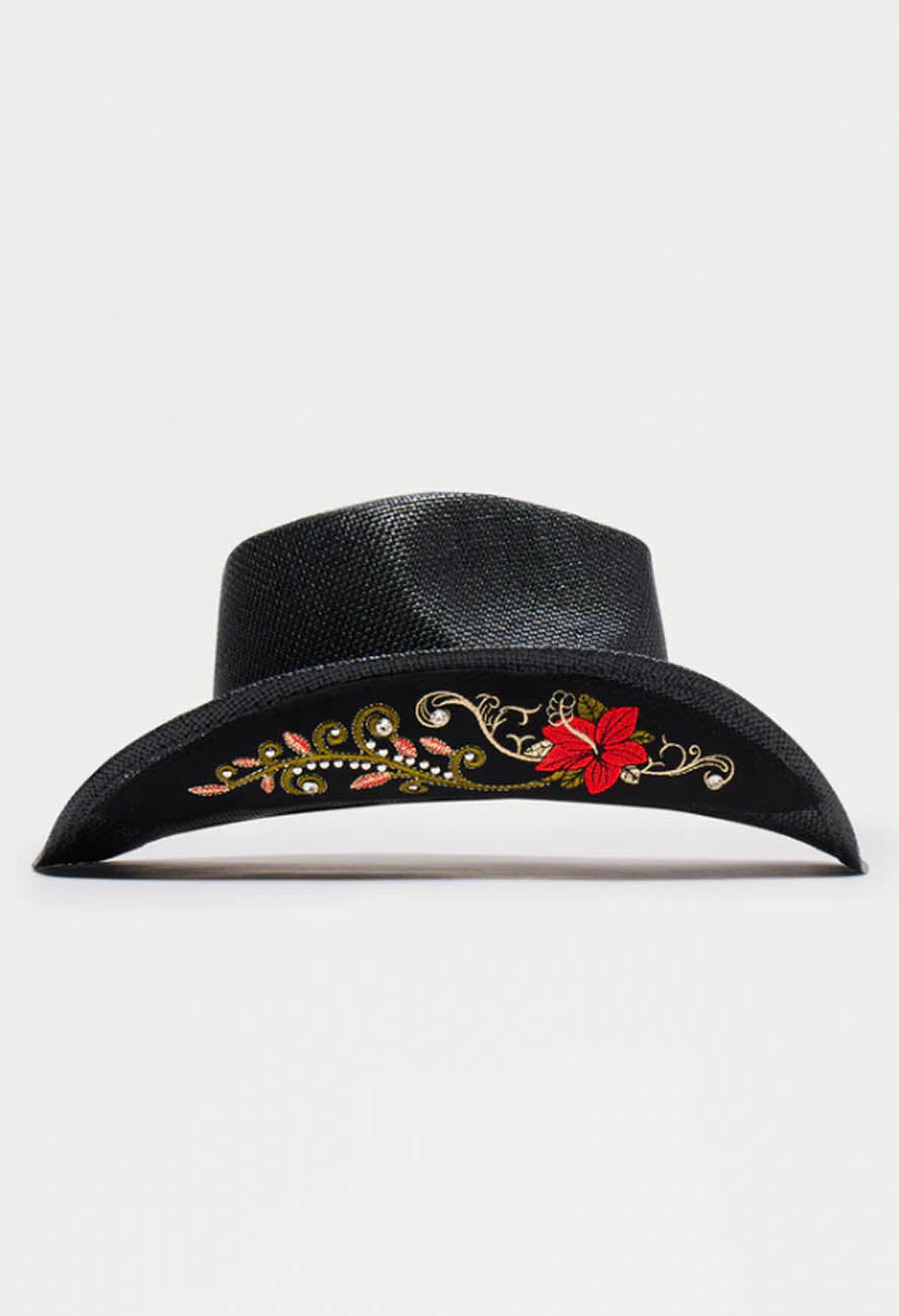 Unisex Embroidered Cowboy Hat – Western Style Wide Brim Hat with Floral Detail & Decorative Band, Black Festival Ranch Hat