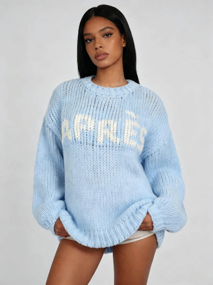 Women's Chunky Knit Oversized Sweater,Graphic Crewneck Pullover, Soft Cozy Long Sleeve Casual Winter Top - Cherie Code