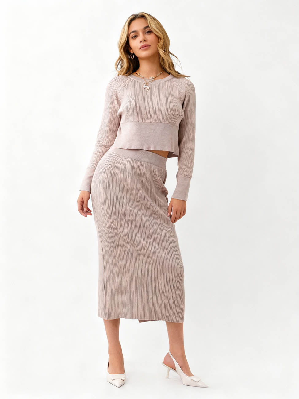 Women's Sweater Set - Stretch Knit Top & Back-Slit Midi Skirt Matching Set Cherie Code
