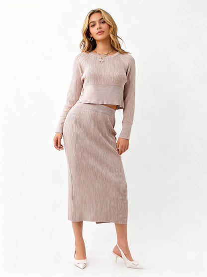 Women's Sweater Set - Stretch Knit Top & Back-Slit Midi Skirt Matching Set Cherie Code