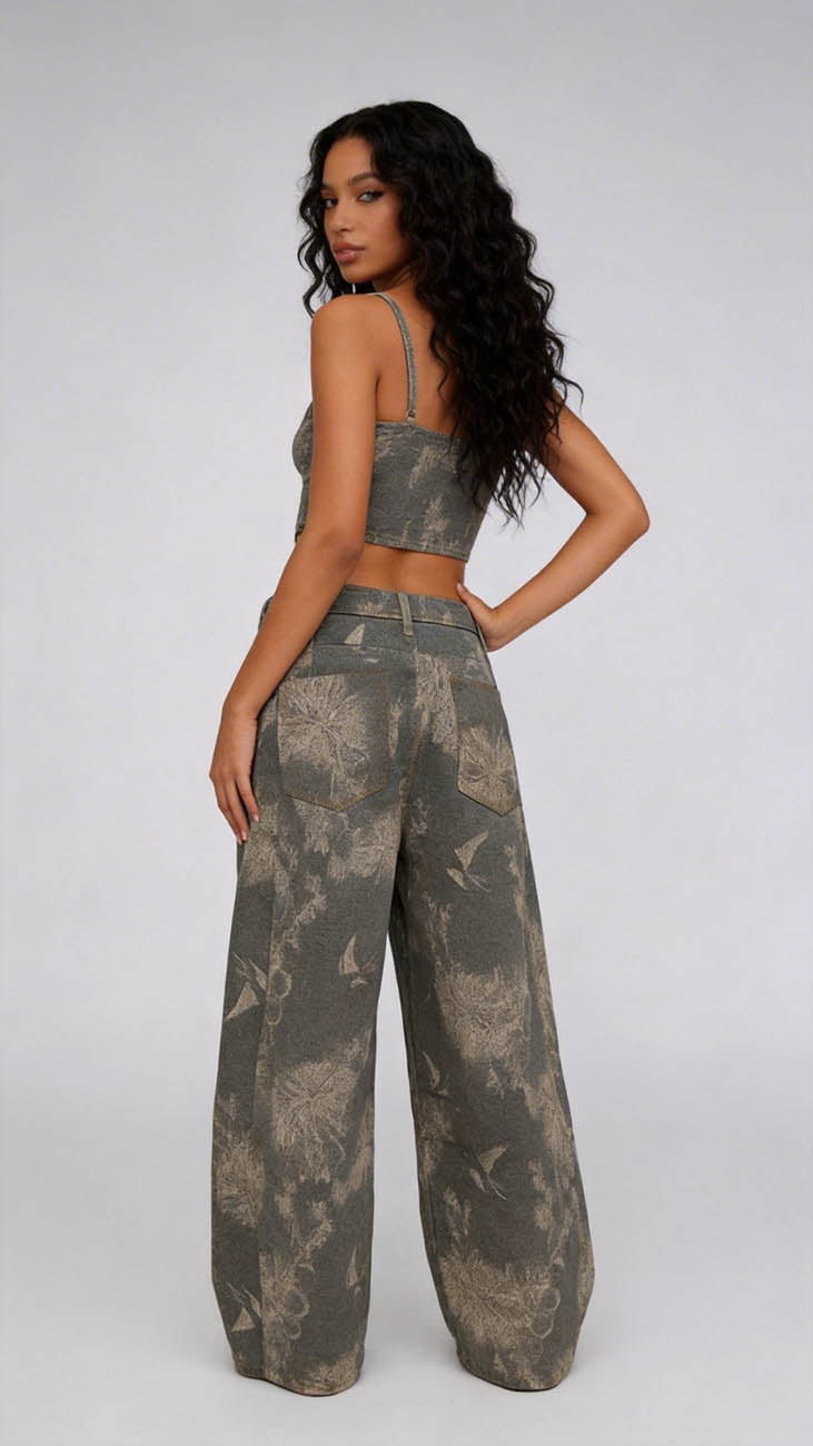 Cherie Code Women’s High-Rise Wide Leg Jeans – Vintage Wash Printed Denim Pants with Relaxed Fit & Cropped Length