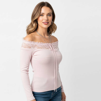 Cherie Code Women’s Off‑Shoulder Lace Trim Long Sleeve Top – Slim Fit Knit Blouse with Bow Detail