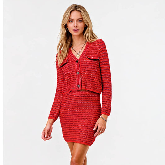Cherie Code Women’s Red Stripe Long‑Sleeve Knit Cardigan & Skirt Set – Textured Rib Knit Button‑Front Two‑Piece Suit