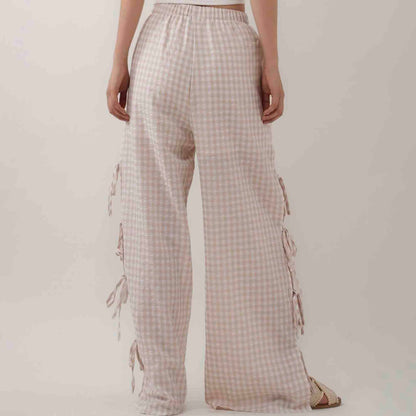 Women Everyday Checked Elastic Waist Side Strape Bowtie Casual Loungewear Pants Cherie Code