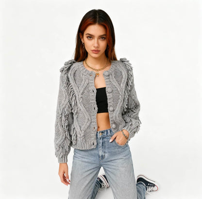 Cherie Code Women’s Textured Knit Cardigan with Fringe Detail – Long Sleeve