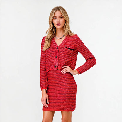 Cherie Code Women’s Red Stripe Long‑Sleeve Knit Cardigan & Skirt Set – Textured Rib Knit Button‑Front Two‑Piece Suit
