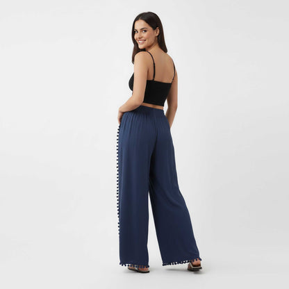 Cherie Code Women's Cotton Wide Leg Pants with Side Split and Pom Trim – Casual Fit