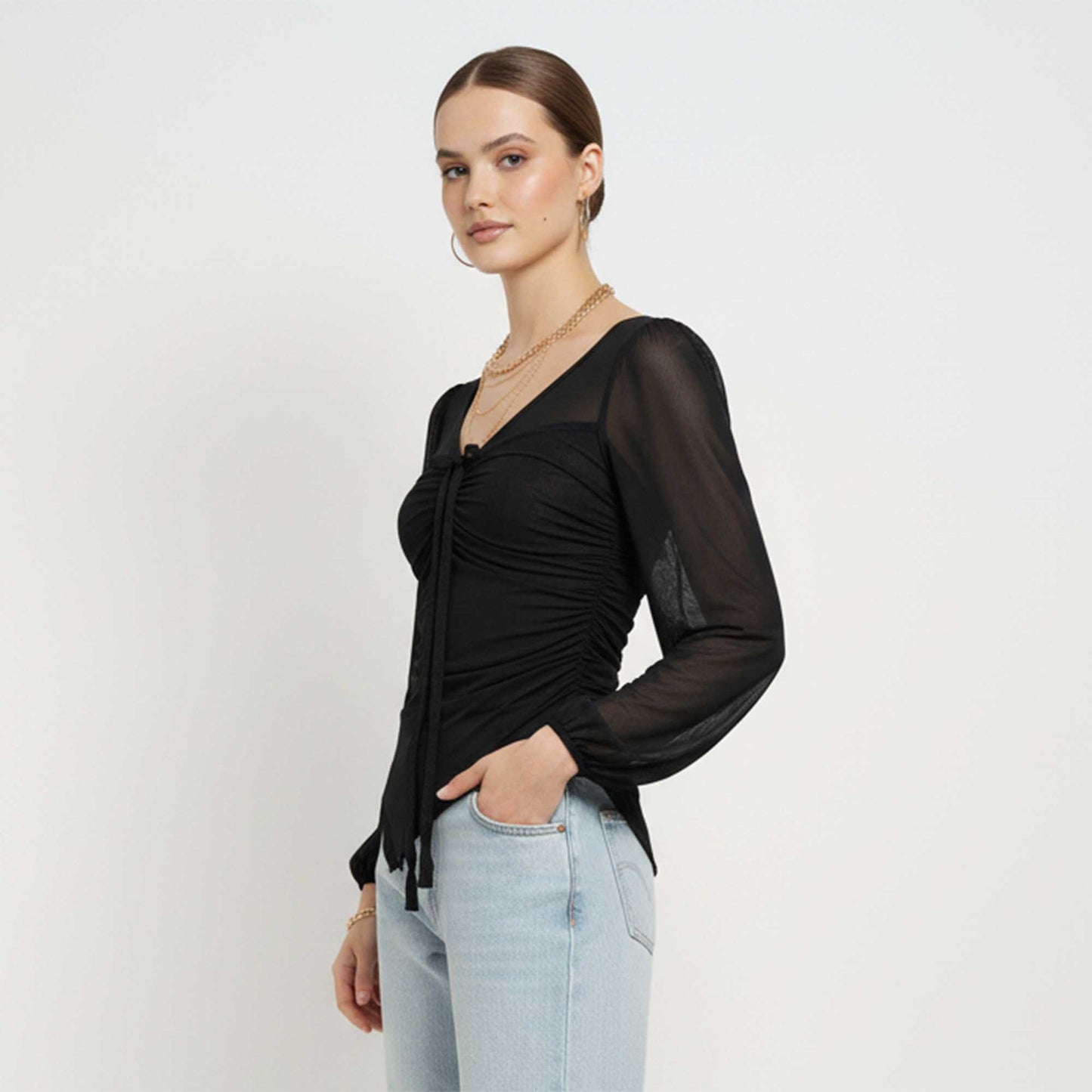 Cherie Code Women’s Mesh Tie‑Front Long Sleeve Top – Sheer Panel Ruched Knit Blouse