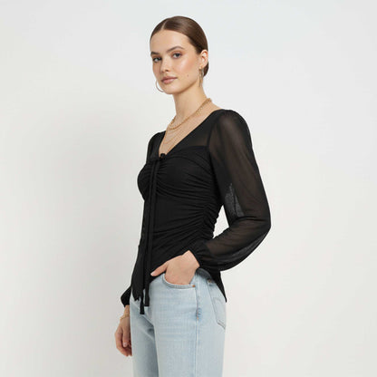 Cherie Code Women’s Mesh Tie‑Front Long Sleeve Top – Sheer Panel Ruched Knit Blouse