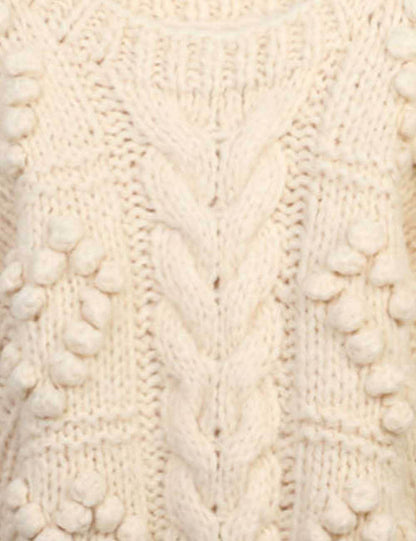 Cherie Code Women’s Cream Cable‑Knit Heart Pattern Sweater – Cozy Round Neck Long Sleeve Pullover