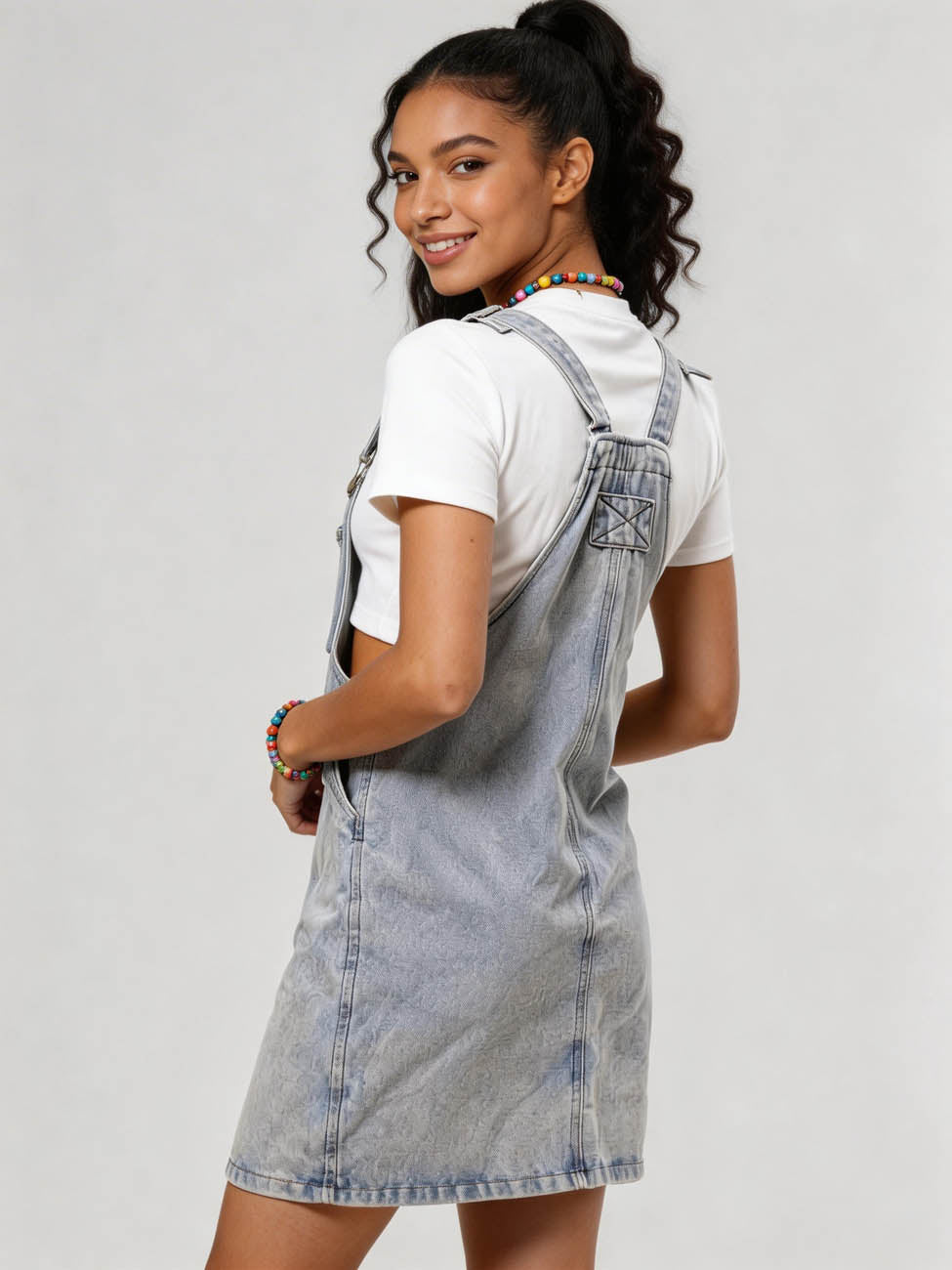 Cherie Code Women's Washed Denim Overall Mini Dress – Casual Adjustable Strap Pocket Pinafore Dress