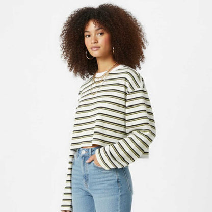 Cherie Code Women’s Crop Tee – Stripe Pattern, Long Sleeve, Boxy Fit