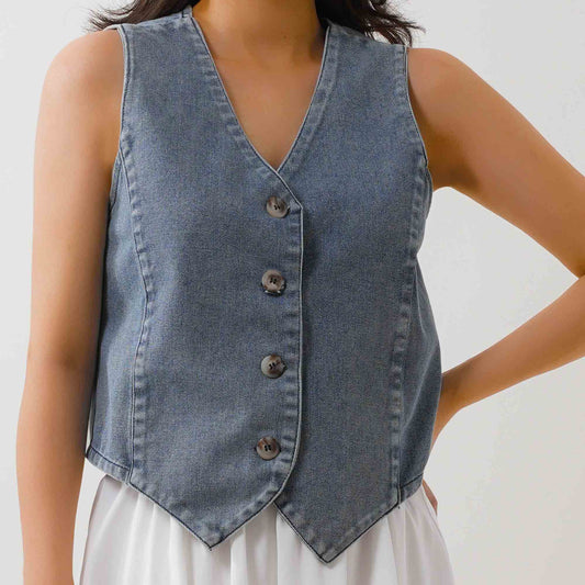 Women's Denim Sleeveless Vest - Classic Button-Up V-Neck Top Cherie Code