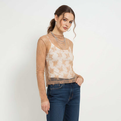 Women's Floral Lace Slim-Fit Top – Sheer Stretch Tee with Baby Overlock Edge Cherie Code