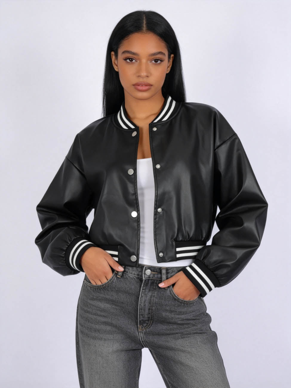 Cherie Code Women's Faux Leather Varsity Bomber Jacket – Snap Button Long Sleeve Cropped Baseball Jacket with Striped Rib Trim