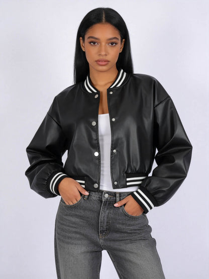 Cherie Code Women's Faux Leather Varsity Bomber Jacket – Snap Button Long Sleeve Cropped Baseball Jacket with Striped Rib Trim