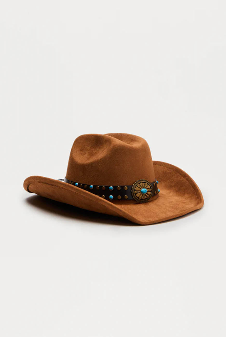 Women's Western Cowboy Hat with Studded Band – Faux Suede Wide Brim Cowgirl Hat for Festival, Rodeo & Casual Wear