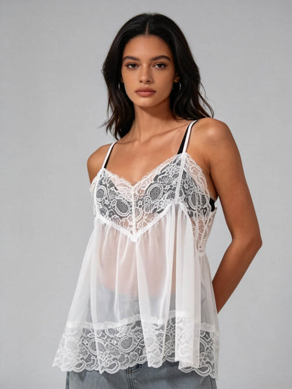 Women's Sheer Lace Babydoll Mini Dress – Spaghetti Strap Mesh Slip Nightgown, Romantic Sleeveless Lounge Sleepwear