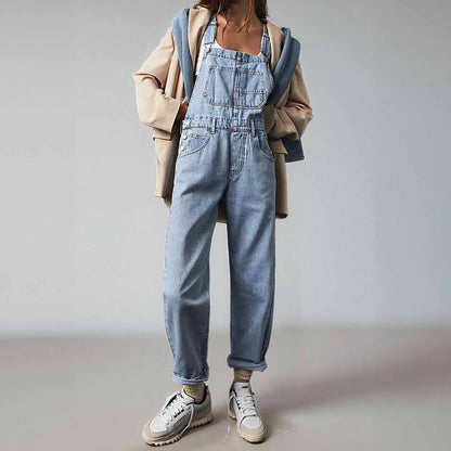 Women's Classic Denim Overalls – Relaxed Fit with Wide Legs & Functional Pockets Casual Workwear for Everyday Style Cherie Code