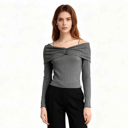 Cherie Code Women’s Off‑Shoulder Ruched Long Sleeve Knit Top – Slim Fit Stretch Tee in Grey