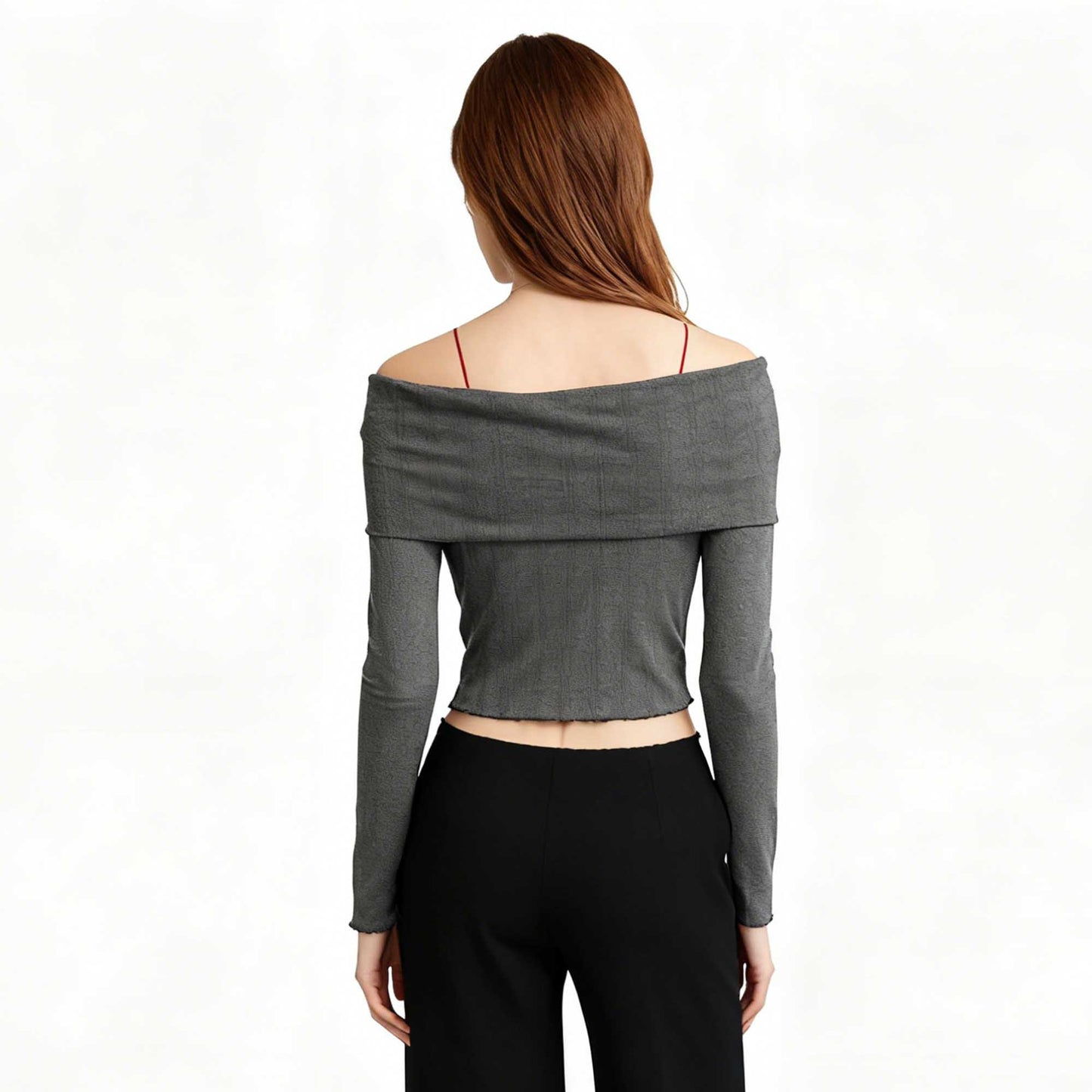 Cherie Code Women’s Off‑Shoulder Ruched Long Sleeve Knit Top – Slim Fit Stretch Tee in Grey