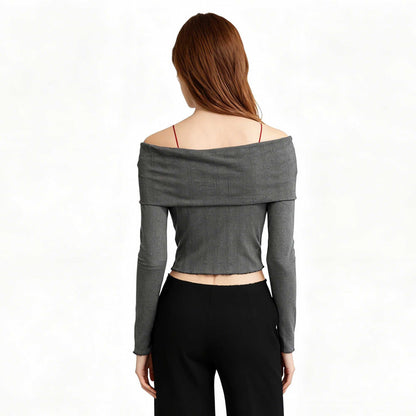 Cherie Code Women’s Off‑Shoulder Ruched Long Sleeve Knit Top – Slim Fit Stretch Tee in Grey