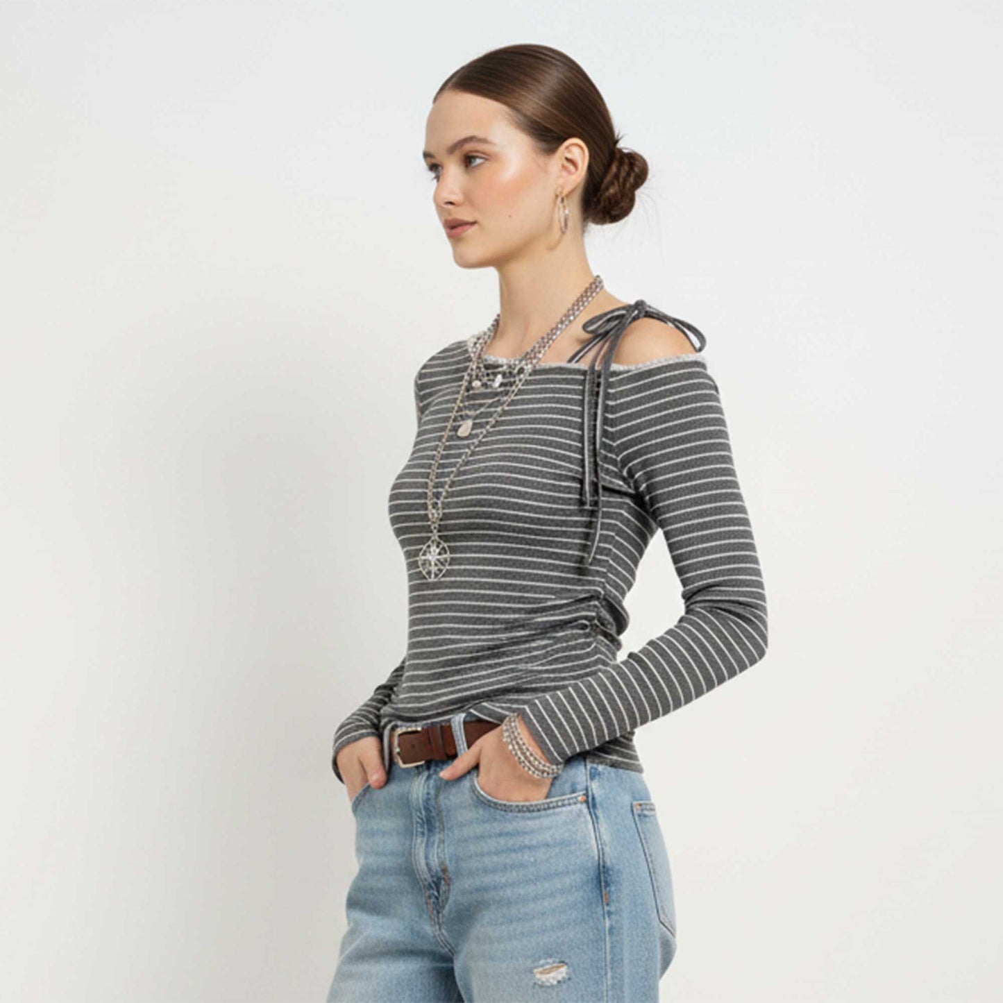 Cherie Code Women’s Grey Stripe One‑Shoulder Tie Long‑Sleeve Tee – Chic Ribbed Knit Casual Top