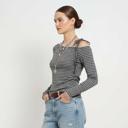 Cherie Code Women’s Grey Stripe One‑Shoulder Tie Long‑Sleeve Tee – Chic Ribbed Knit Casual Top