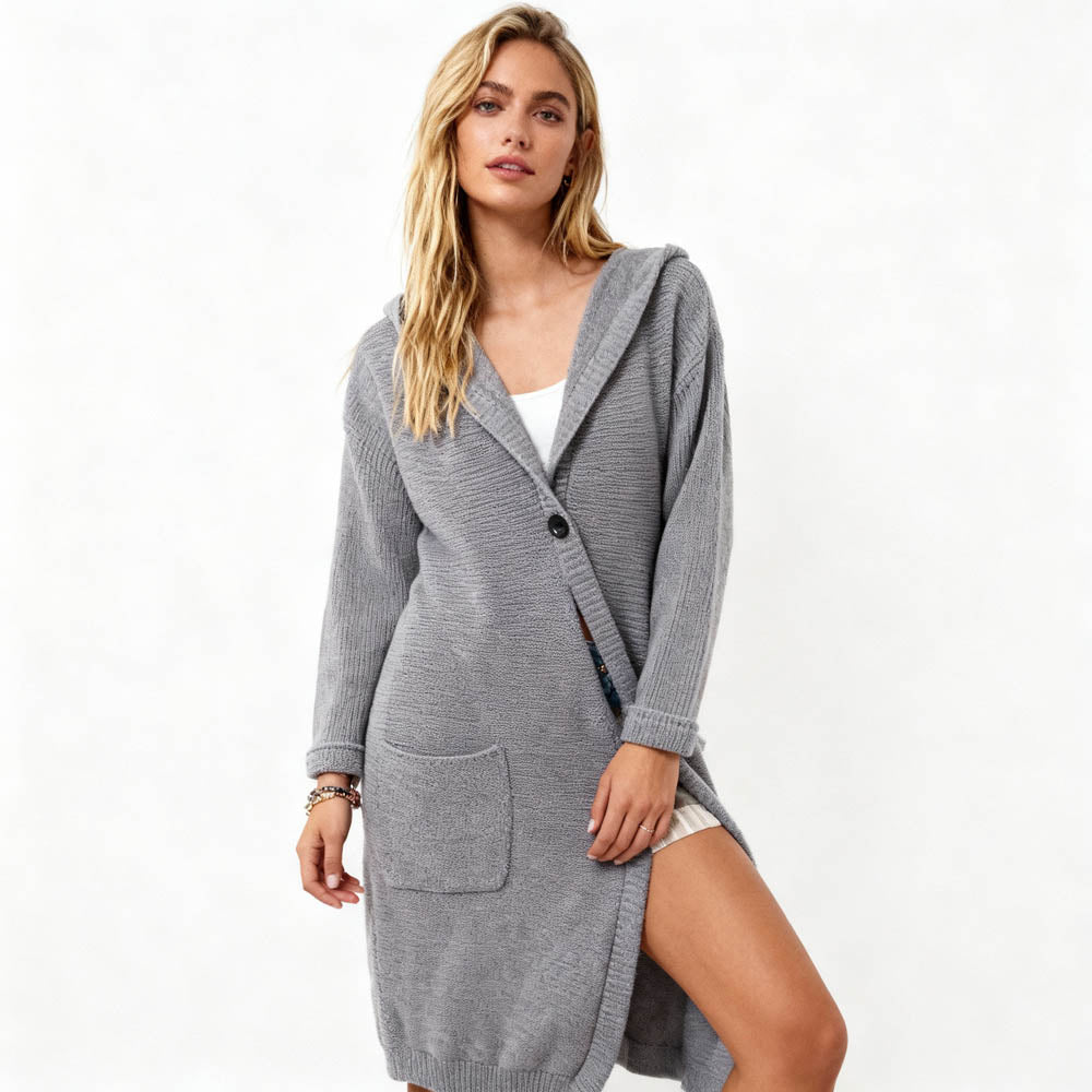Cherie Code Women’s Hooded Long Knit Cardigan – Button‑Front Relaxed Fit Sweater Coat