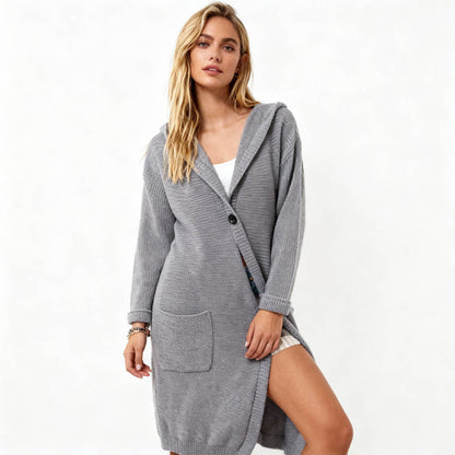Cherie Code Women’s Hooded Long Knit Cardigan – Button‑Front Relaxed Fit Sweater Coat
