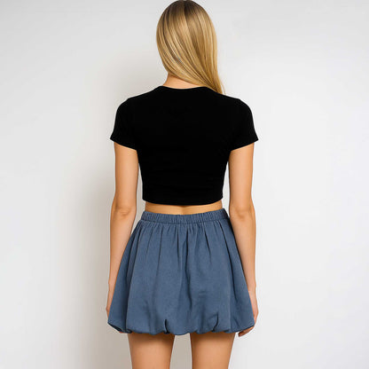 Women's Bubble‑Hem Mini Skirt – A‑Line with Elastic Waist & Washed Cherie Code