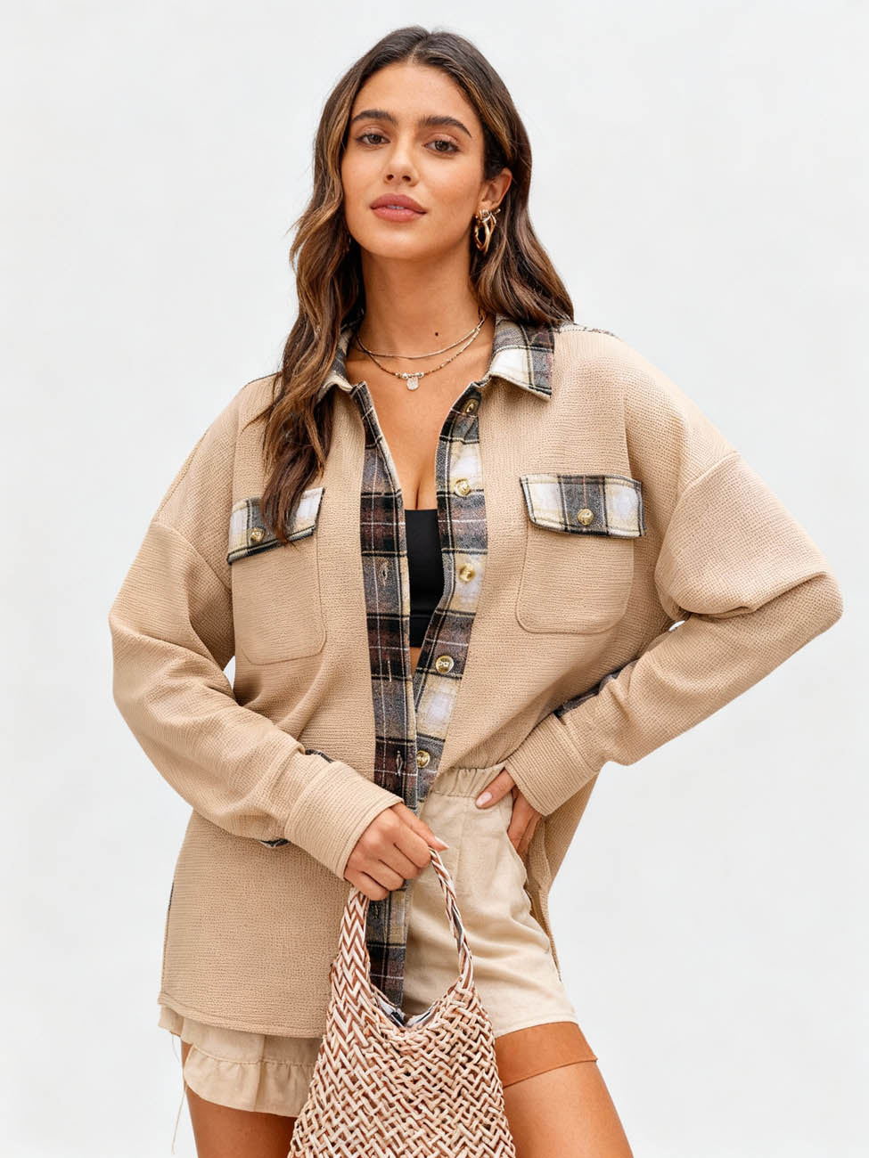 Women’s Long Sleeve Button-Down Shirt Jacket with Plaid Trim – Soft Stretch Fabric