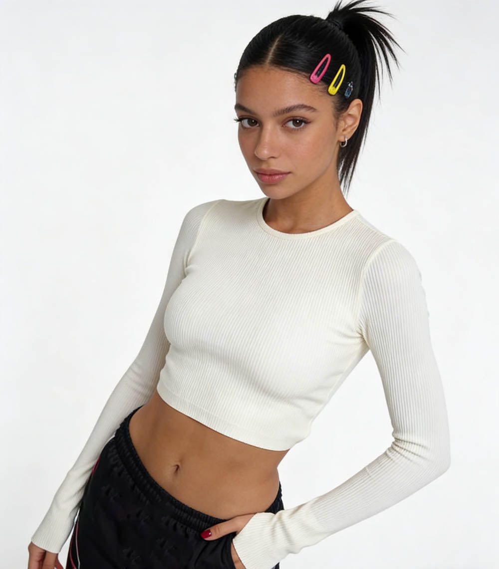 Cherie Code Women's Ribbed Long Sleeve Back Cutout Crop Top - Soft Stretch Fitted Pullover