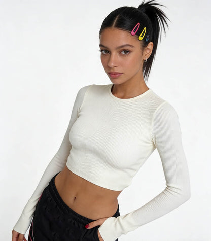 Cherie Code Women's Ribbed Long Sleeve Back Cutout Crop Top - Soft Stretch Fitted Pullover