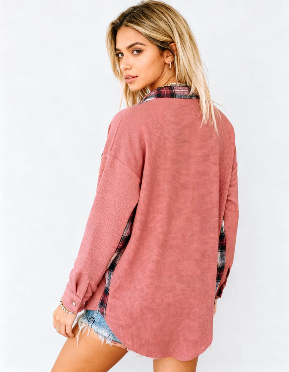 Women’s Long Sleeve Button-Down Shirt Jacket with Plaid Trim – Soft Stretch Fabric