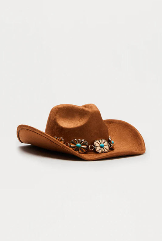 Western Suede Cowboy Hat for Women - Vintage Cowgirl Hat with Concho Band, Wide Brim Ranch Fedora Hat for Festivals Rodeo Travel