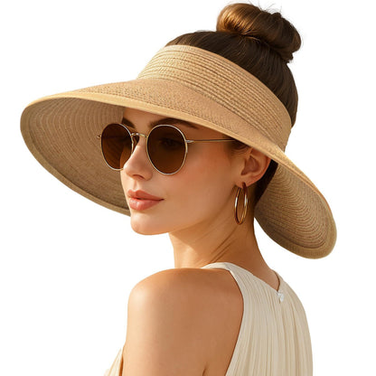 Cherie Code Single Bow Decor Open Top Straw Sun Visor UPF50+ UV Protection Wide Brim Foldable Breathable Beach Golf Summer Sun Hat Khaki 1 Pack
