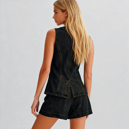 Women's Denim Shorts Set - High Waist Casual Outfit Sleeveless Top with Shorts Cherie Code