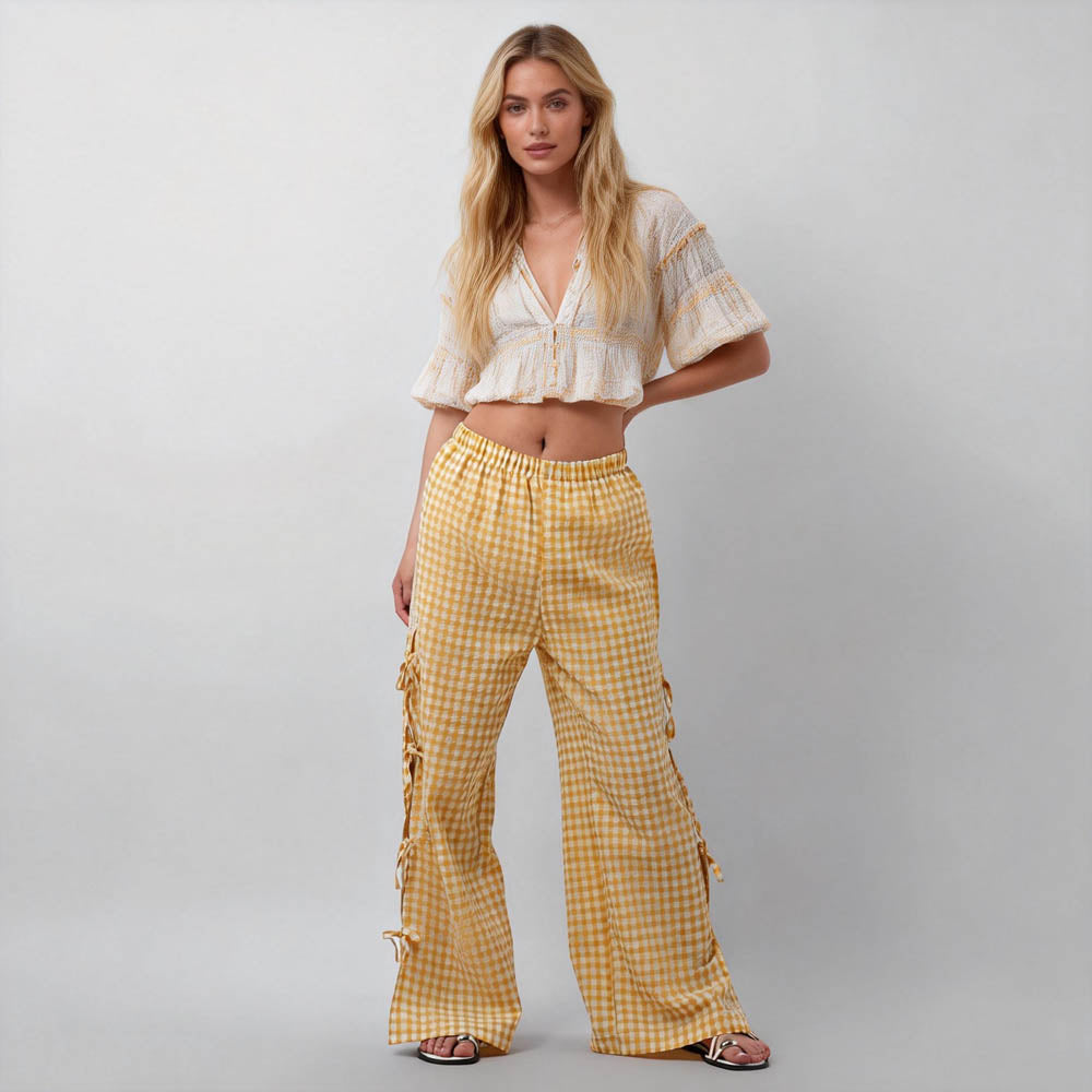 Women Everyday Checked Elastic Waist Side Strape Bowtie Casual Loungewear Pants Cherie Code