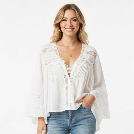 Cherie Code Women’s Lace‑Trim Ruffle Blouse – V‑Neck Button‑Down Top with Bell Sleeves