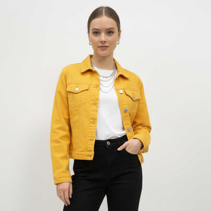 Women's Solid Color Denim Jacket with Pockets – Long Sleeve Button Front Casual Outerwear by Cherie Code