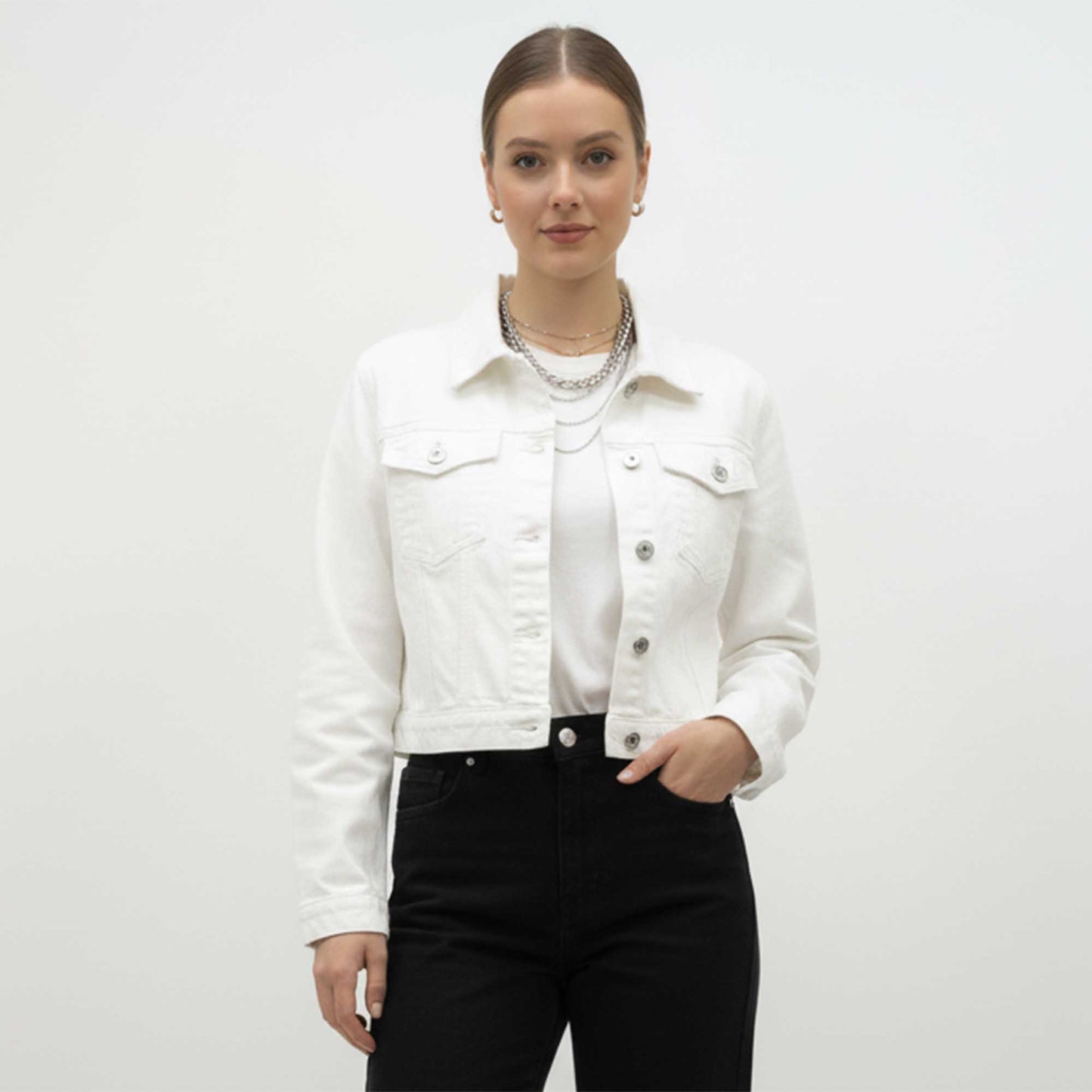 Women's Solid Color Denim Jacket with Pockets – Long Sleeve Button Front Casual Outerwear by Cherie Code