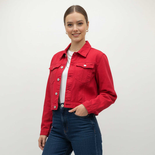 Women's Solid Color Denim Jacket with Pockets – Long Sleeve Button Front Casual Outerwear by Cherie Code