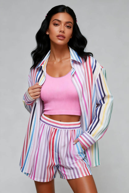 Cherie Code Women's Striped Button-Down Long Sleeve Shirt and High Waist Shorts Set – Striped Casual Loungewear Set
