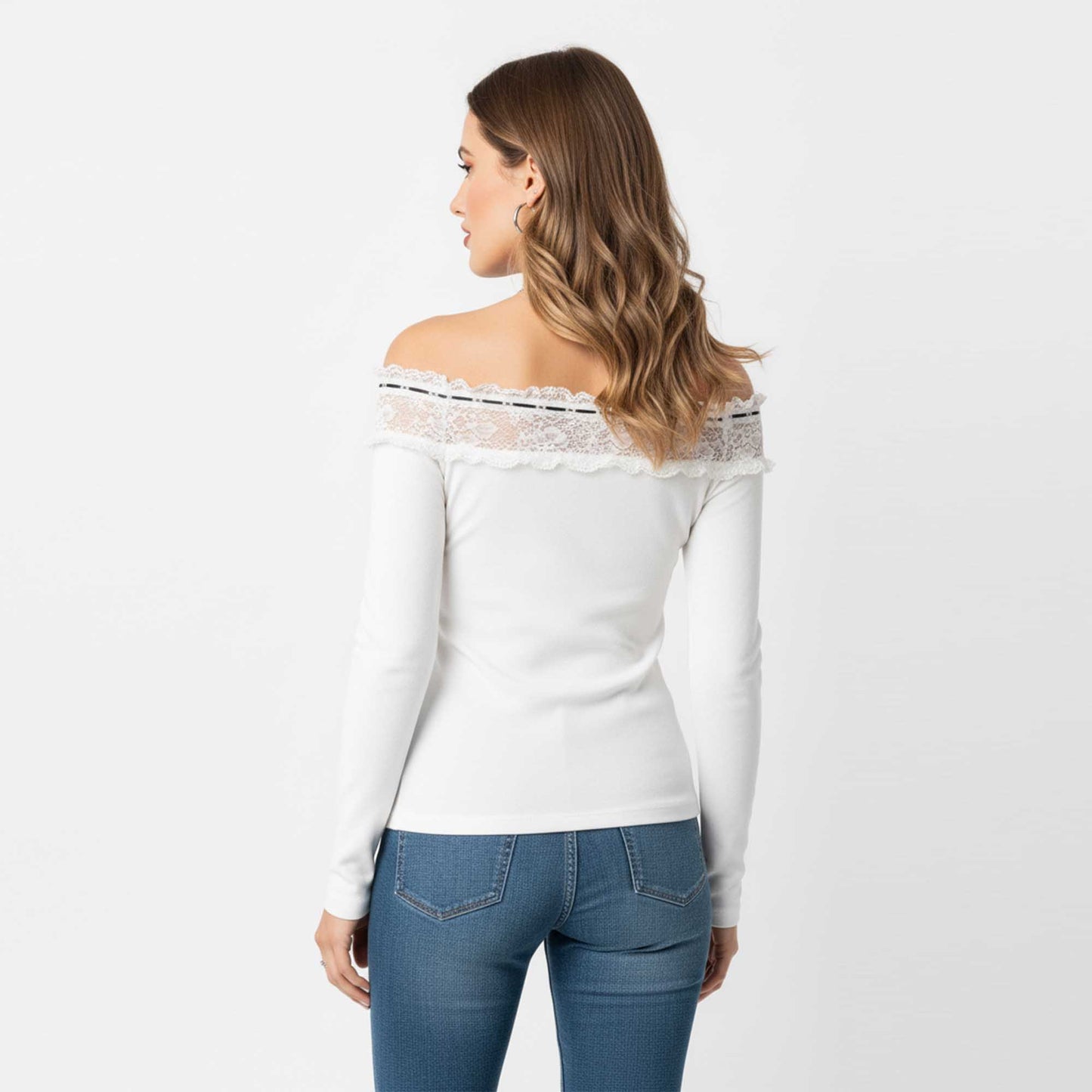 Cherie Code Women’s Off‑Shoulder Lace Trim Long Sleeve Top – Slim Fit Knit Blouse with Bow Detail
