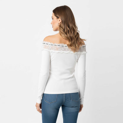 Cherie Code Women’s Off‑Shoulder Lace Trim Long Sleeve Top – Slim Fit Knit Blouse with Bow Detail