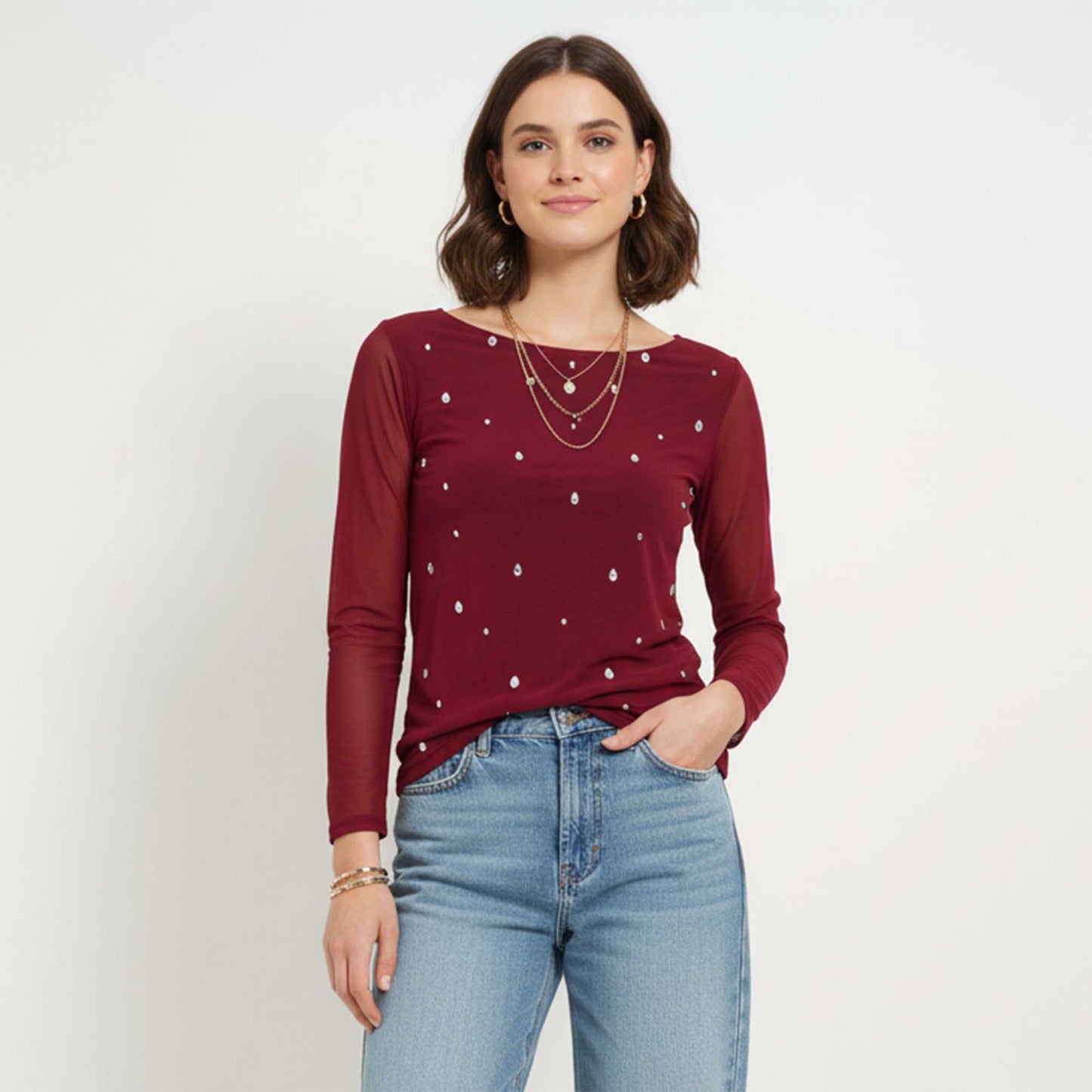 Women's Mesh Long Sleeve Top with Rhinestone Embellishments – Sheer Slim Fit Blouse